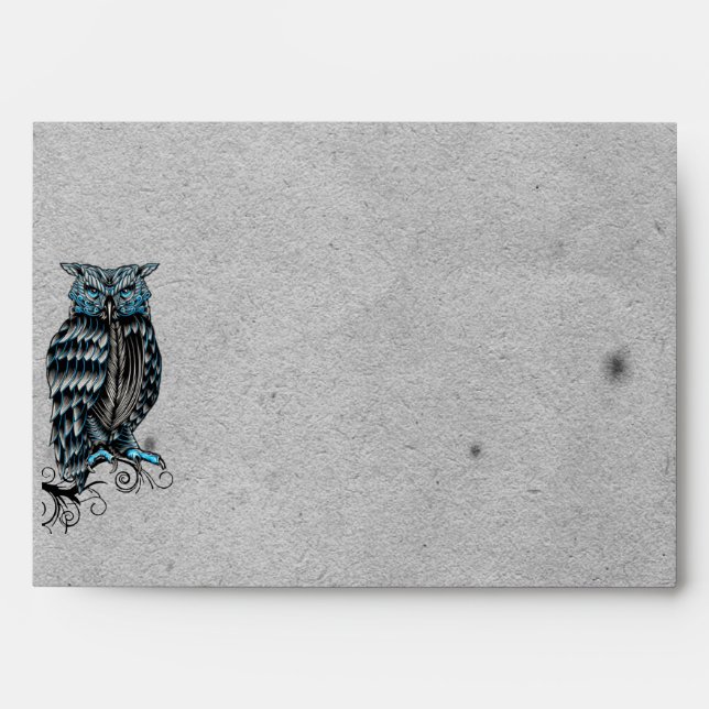 Blue Gothic Owl Posh Wedding Envelope (Front)