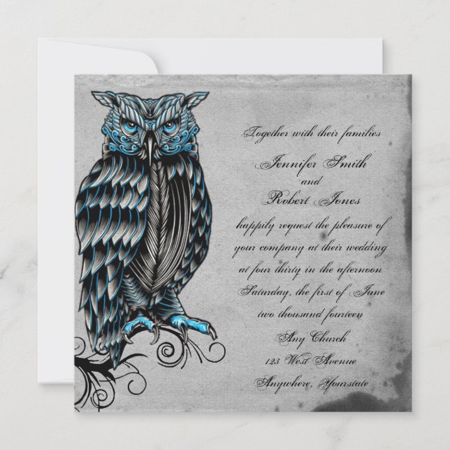 Blue Gothic Owl Posh Wedding Invitation (Front)