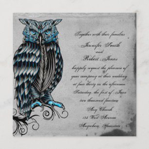 Blue Gothic Owl Posh Wedding Invitation