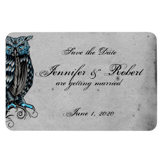 Blue Gothic Owl Posh Wedding Save the Date Magnet (Horizontal)