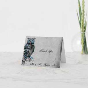 Blue Gothic Owl Posh Wedding Thank You Card