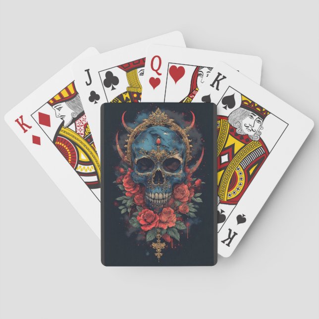Blue Gothic Skull with Roses and Gold Crown Playing Cards (Back)