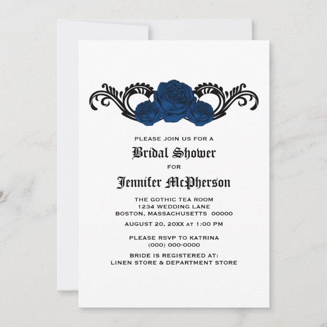 Blue Gothic Swirl Roses Bridal Shower Invite (Front)