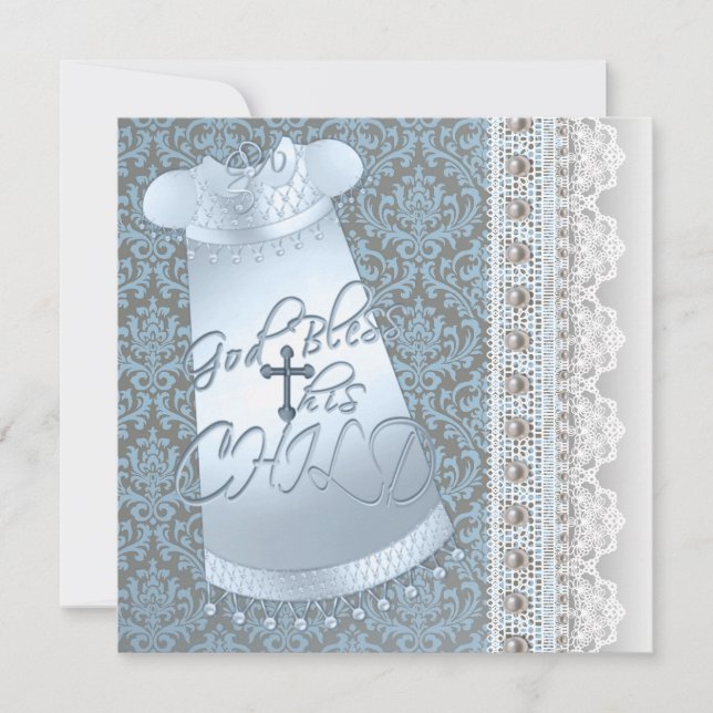 Blue Gown Brown Blue Damask Baby Boy Christening Invitation (Front)