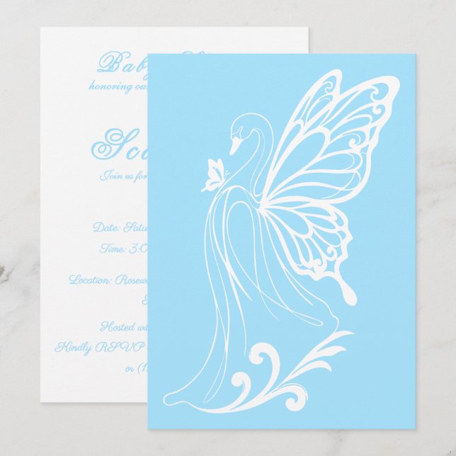 Blue Graceful swan with butterfly Invitation (Front/Back)