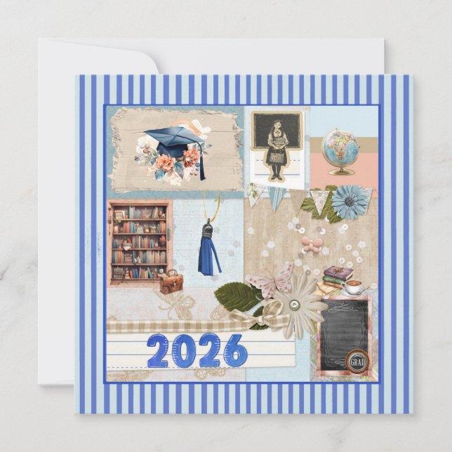 Blue Grad 2026, Girl, Cap, Tassel, Bookcase, Globe Holiday Card (Front)