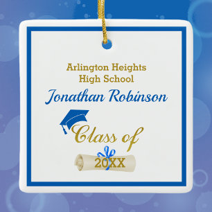 Blue Grad Cap and Diploma Ceramic Ornament