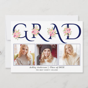 Blue GRAD typography pink roses photo graduation Announcement