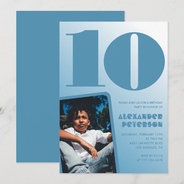 Blue gradient 10th birthday invitations Boy Photo (Front/Back)