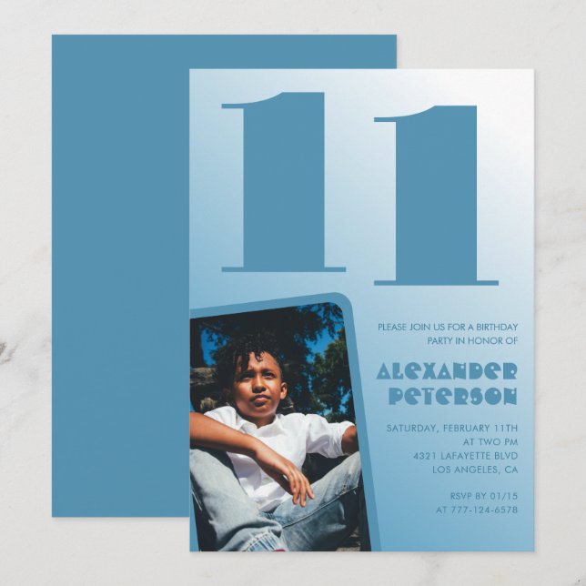 Blue gradient 11th birthday invitations Boy Photo (Front/Back)