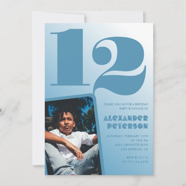 Blue gradient 12th birthday invitations Boy Photo (Front)