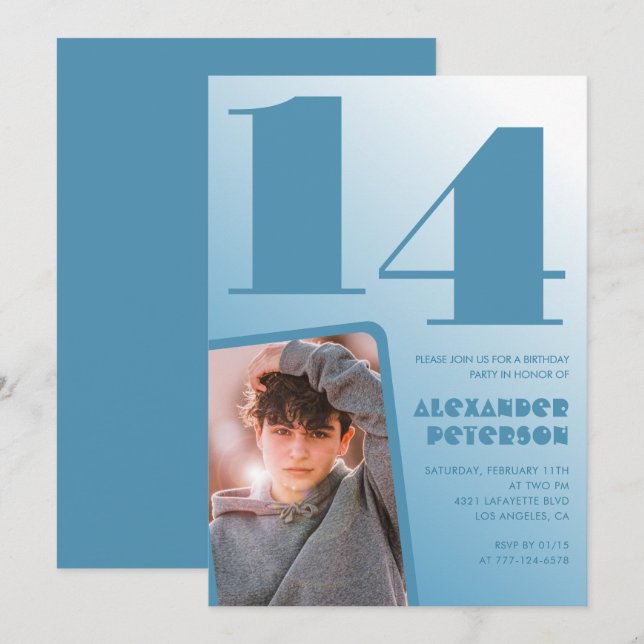 Blue gradient 14th birthday invitations Boy Photo (Front/Back)