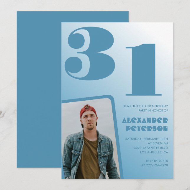 Blue gradient 31st birthday invitations Boy Photo (Front/Back)