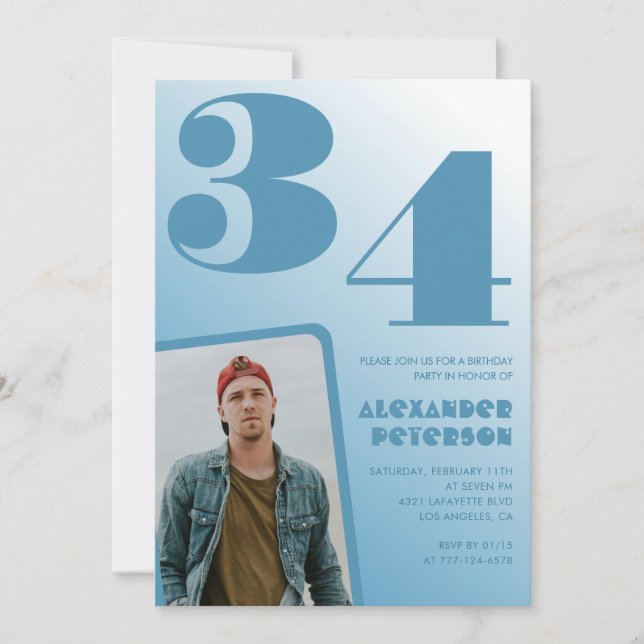 Blue gradient 34th birthday invitations Men Photo (Front)
