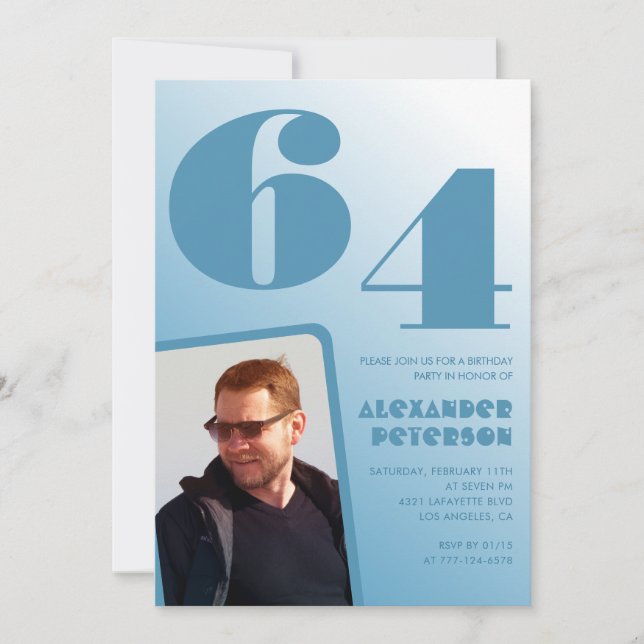 Blue gradient 64th birthday invitations Men Photo (Front)