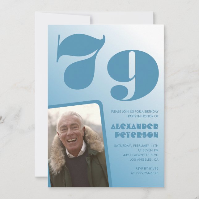 Blue gradient 79th birthday invitations Men Photo (Front)