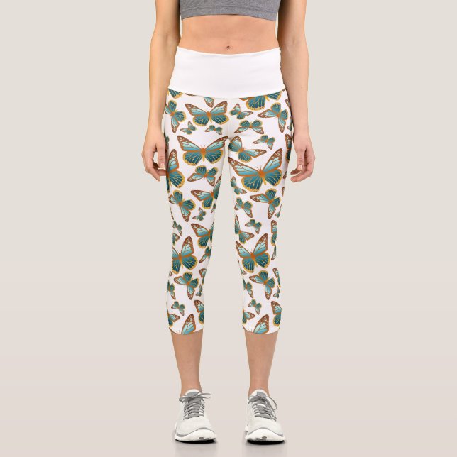 Blue Gradient Butterfly Pattern Capri Leggings (Front)