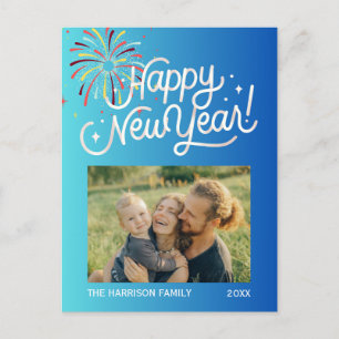 Blue Gradient Fireworks Happy New Year Photo Postcard