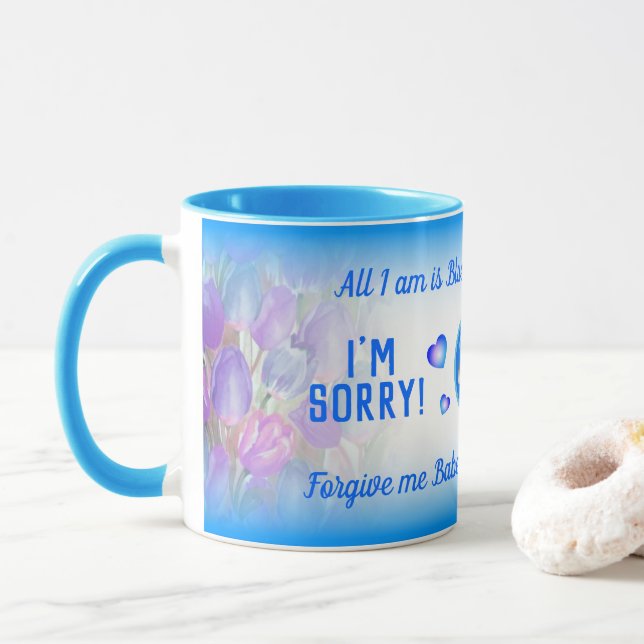Blue Gradient I AM SORRY with Pink Floral APOLOGY Mug (With Donut)