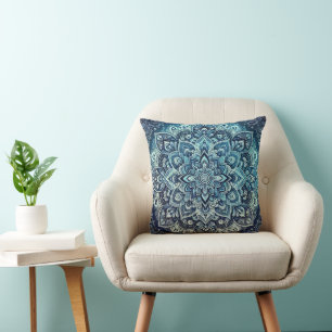 Blue Gradient Mandala Design Throw Pillow