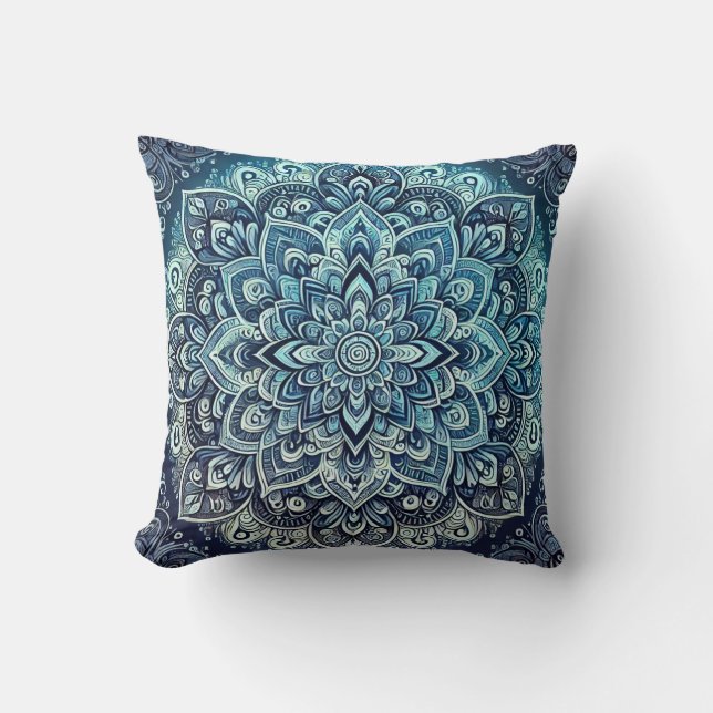 Blue Gradient Mandala Design Throw Pillow (Front)