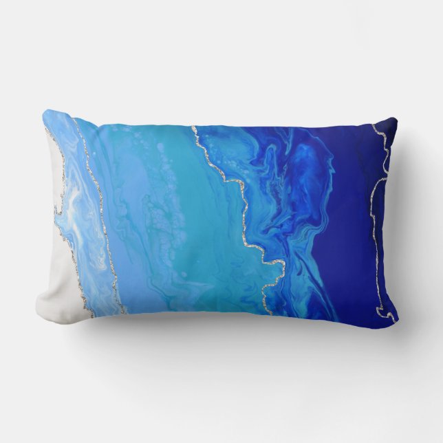 Blue Gradient Ombre Colour Silver Metallic Lines Lumbar Pillow (Front)
