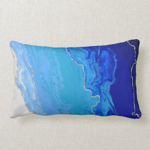 Blue Gradient Ombre Colour Silver Metallic Lines Lumbar Pillow