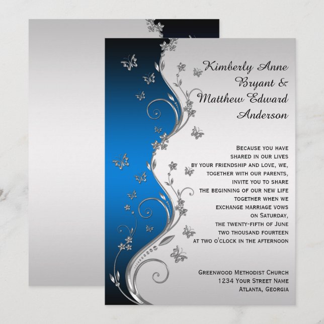 Blue Gradient Silver Ornate Butterflies Kristin Invitation (Front/Back)