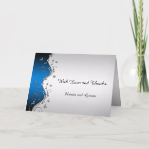 Blue Gradient Silver Ornate Butterflies Wedding Thank You Card