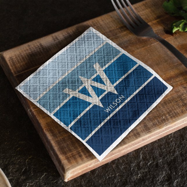 Blue Gradient Striped Monogram Personal Party Napkin (Creator Uploaded)