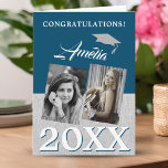 Blue Graduate 2 Photo Congratulations Graduation Card<br><div class="desc">Blue Graduate 2 Photo Congratulations Graduation Card. Graduation cap and text on the front. Rustic grey and dark blue background. Add 2 photos on the front - you can add before and after photos. Add your message inside or erase it.</div>