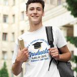 Blue Graduate Custom School Graduation T-Shirt<br><div class="desc">These modern blue script custom senior graduate t-shirts feature your high school or college name for the class of 2025. Customize with your graduating year under the chic handwritten script and black grad cap for a great personalized graduation party tee.</div>
