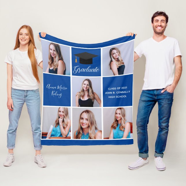 Blue Graduate Photo Collage Custom Graduation 2025 Fleece Blanket (In Situ)