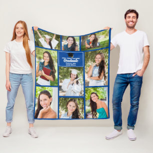 Blue Graduate Photo Collage Custom Graduation Fleece Blanket