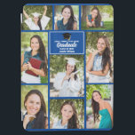 Blue Graduate Photo Collage Cute 2024 Graduation iPad Air Cover<br><div class="desc">This modern blue senior graduate photo collage notebook features your favourite 9 student photographs. This graduation design features classy white typography of your high school or college name for the class of 2024. Customize this keepsake gift with your graduating year below the black grad cap. It features 2 horizontal pictures,...</div>
