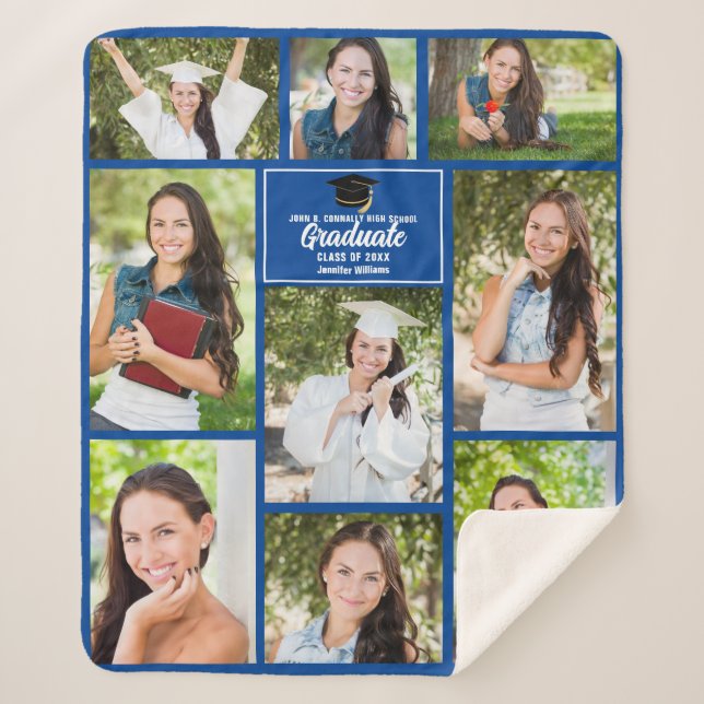 Blue Graduate Photo Collage Modern Graduation Gift Sherpa Blanket (Front)