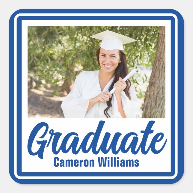 Blue Graduate Photo Personalized Graduation Square Sticker (Front)
