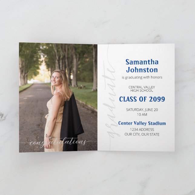 Blue Graduate Script Modern Photo Invitation (Intérieur)