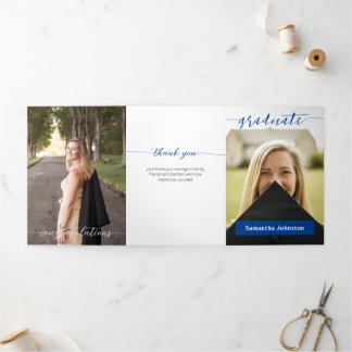 Blue Graduate Script Modern Three Photo Tri-Fold Invitation