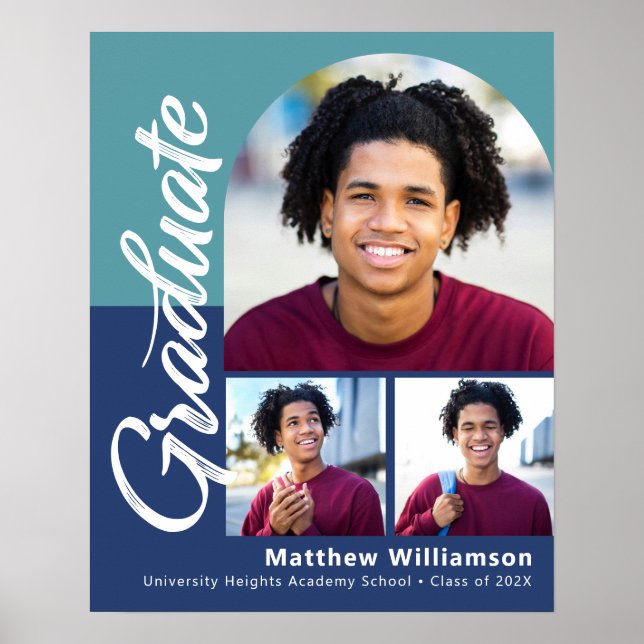 Blue Graduation 3 Photo Bold Arch Script Modern Poster (Front)