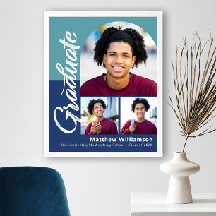 Blue Graduation 3 Photo Bold Arch Script Modern Poster