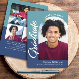 Blue Graduation 4 Photo Bold Arch Script Modern Announcement