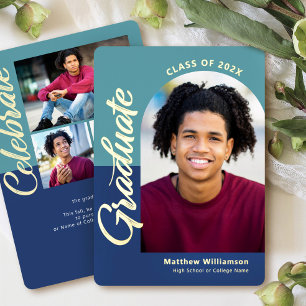 Blue Graduation 4 Photo Bold Script Arch Real Gold