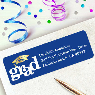 Blue Graduation Bold Modern Type Gold Cap Address