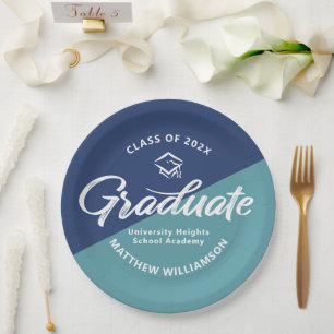 Blue Graduation Bold Retro Script Cap Icon Minimal Paper Plate