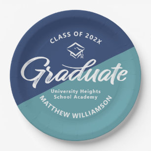 Blue Graduation Bold Retro Script Cap Icon Minimal Paper Plate