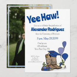 Blue Graduation Cap Cowboy Boot Arrangement Invitation