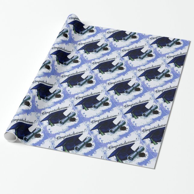 Blue Graduation Cap & Diploma Wrapping Paper (Unrolled)