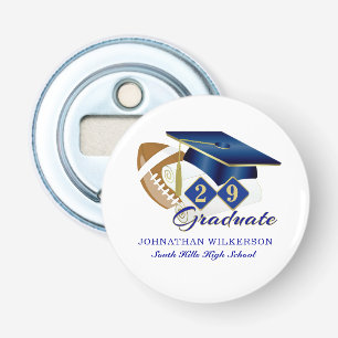 Blue Graduation Cap Football Personalized Bottle Opener