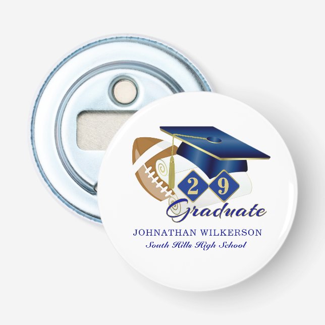 Blue Graduation Cap Football Personalized Bottle Opener (Front)